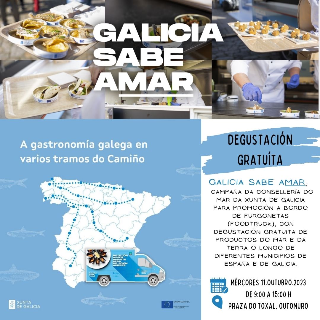 Cartel evento degustación gratuita de productos do mar e da terra "Galicia sabe AMar" na praza do Toxal - Outomuro, o 11 de outubro de 2023