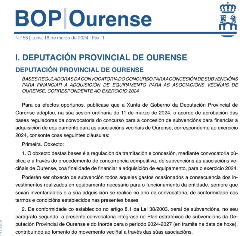 Convocatoria subvención Asociaciones Vecinales - Diputación Ourense